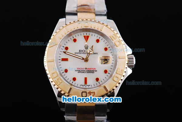 Rolex Yacht-Master Oyster Perpetual Chronograph Automatic Two Tone with White Dial,Gold Bezel and Red Diamond Marking-Small Calendar - Click Image to Close